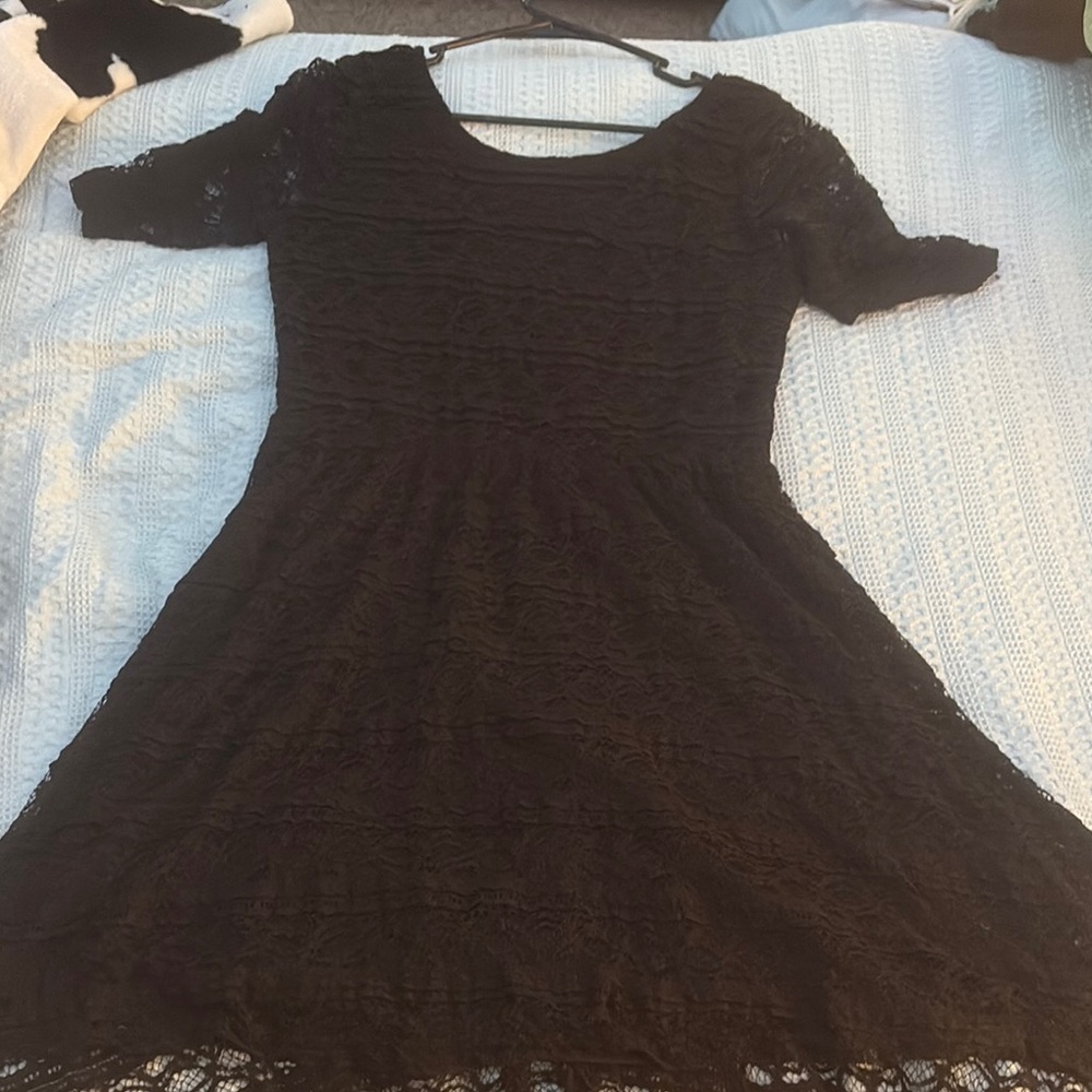 Rewind Black A-Line Midi Dress Scoop Neck Short Sleeve